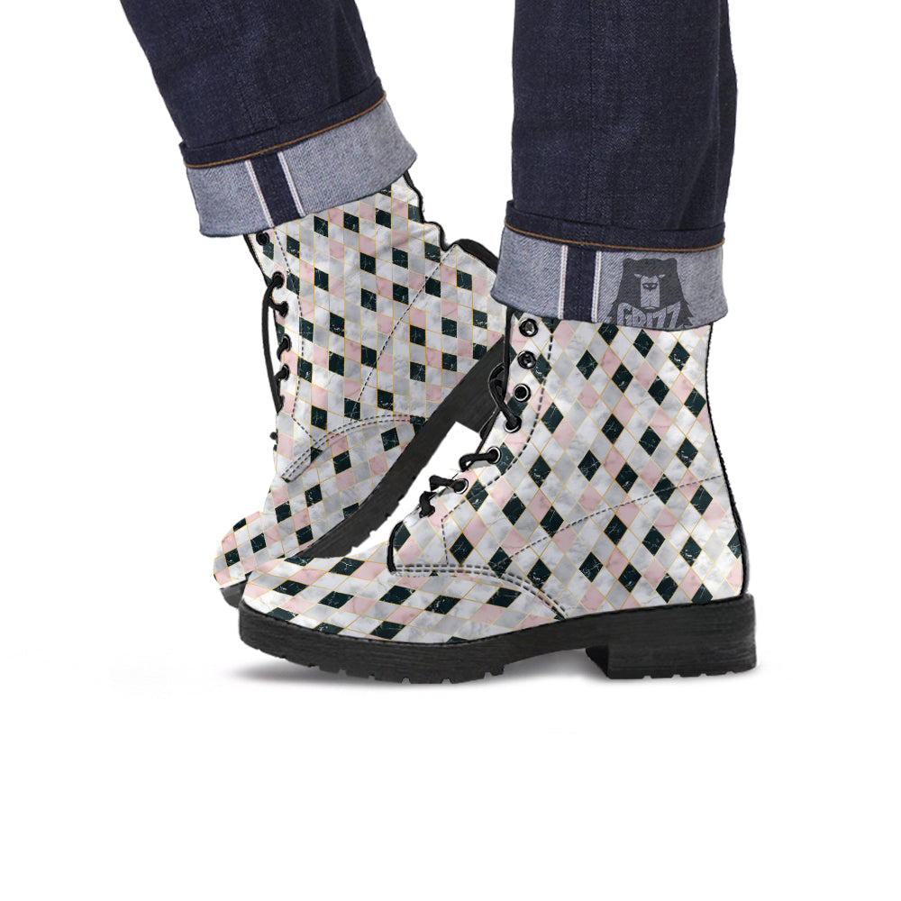 Marble Argyle White Pink And Black Print Leather Boots-grizzshop