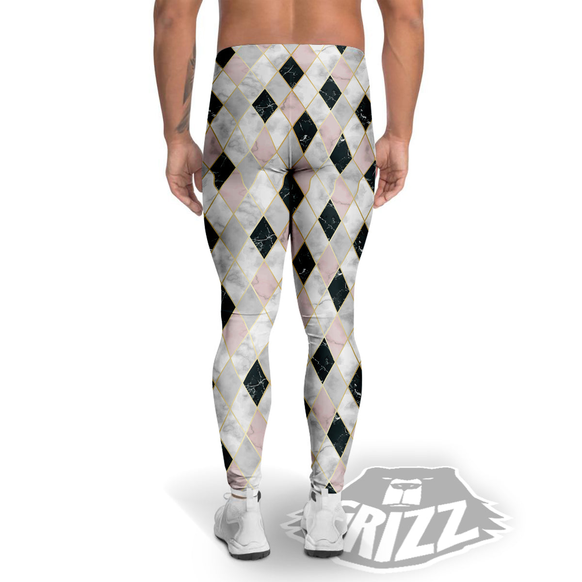 Marble Argyle White Pink And Black Print Men's Leggings-grizzshop