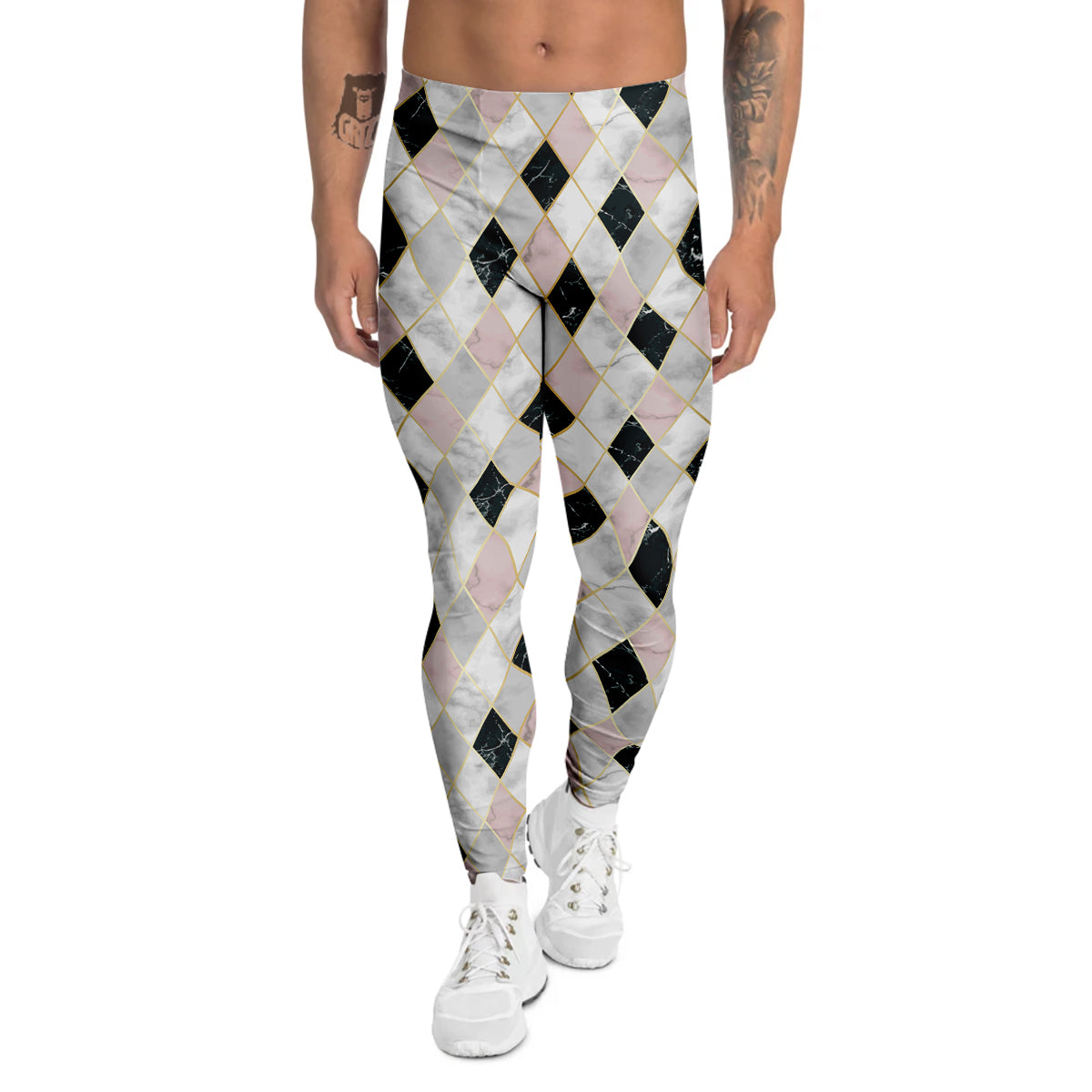 Marble Argyle White Pink And Black Print Men's Leggings-grizzshop