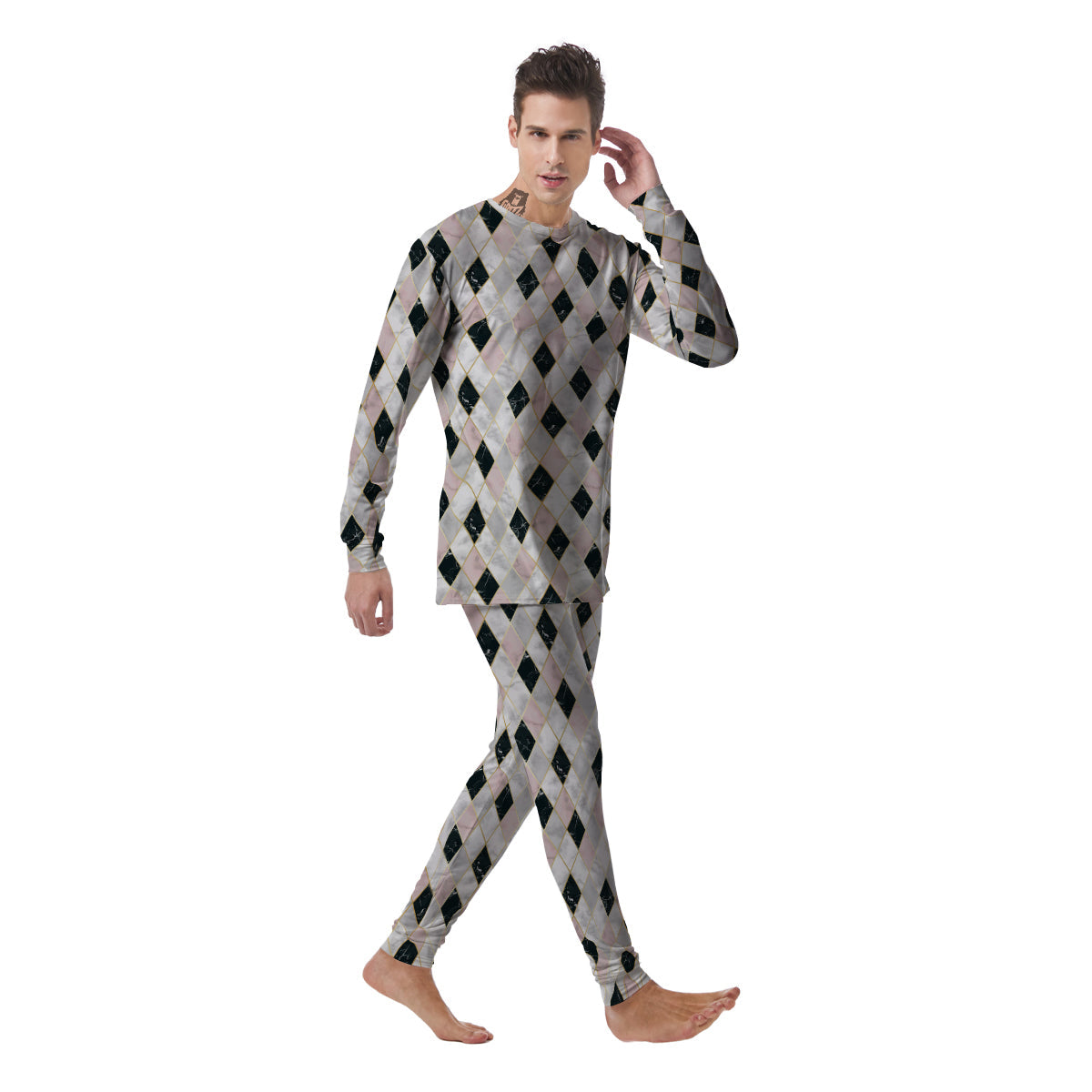 Marble Argyle White Pink And Black Print Men's Pajamas-grizzshop