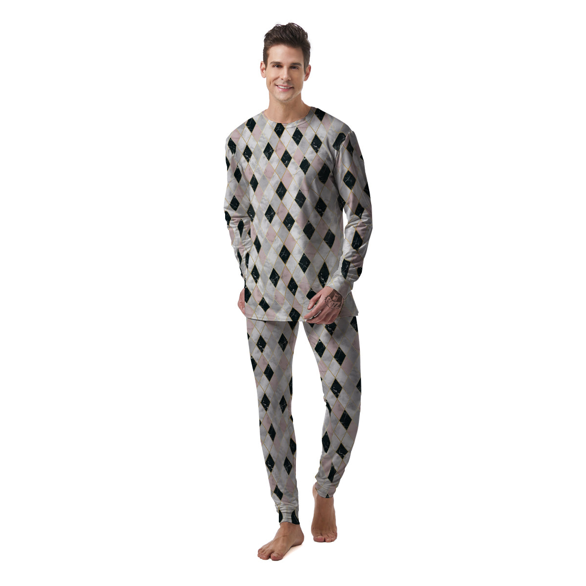 Marble Argyle White Pink And Black Print Men's Pajamas-grizzshop