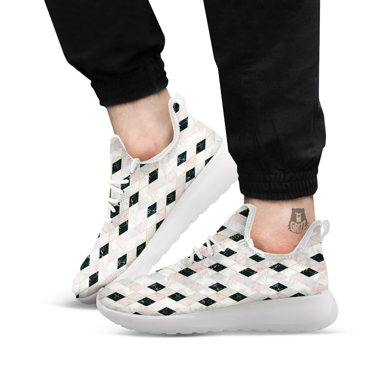 Marble Argyle White Pink And Black Print White Athletic Shoes-grizzshop