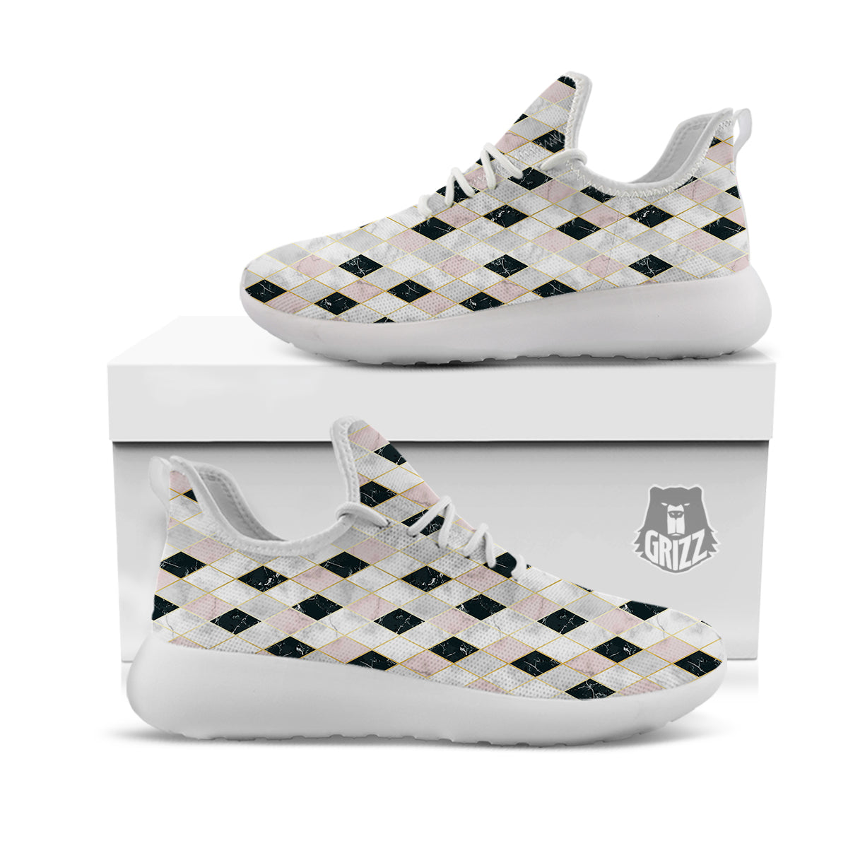 Marble Argyle White Pink And Black Print White Athletic Shoes-grizzshop