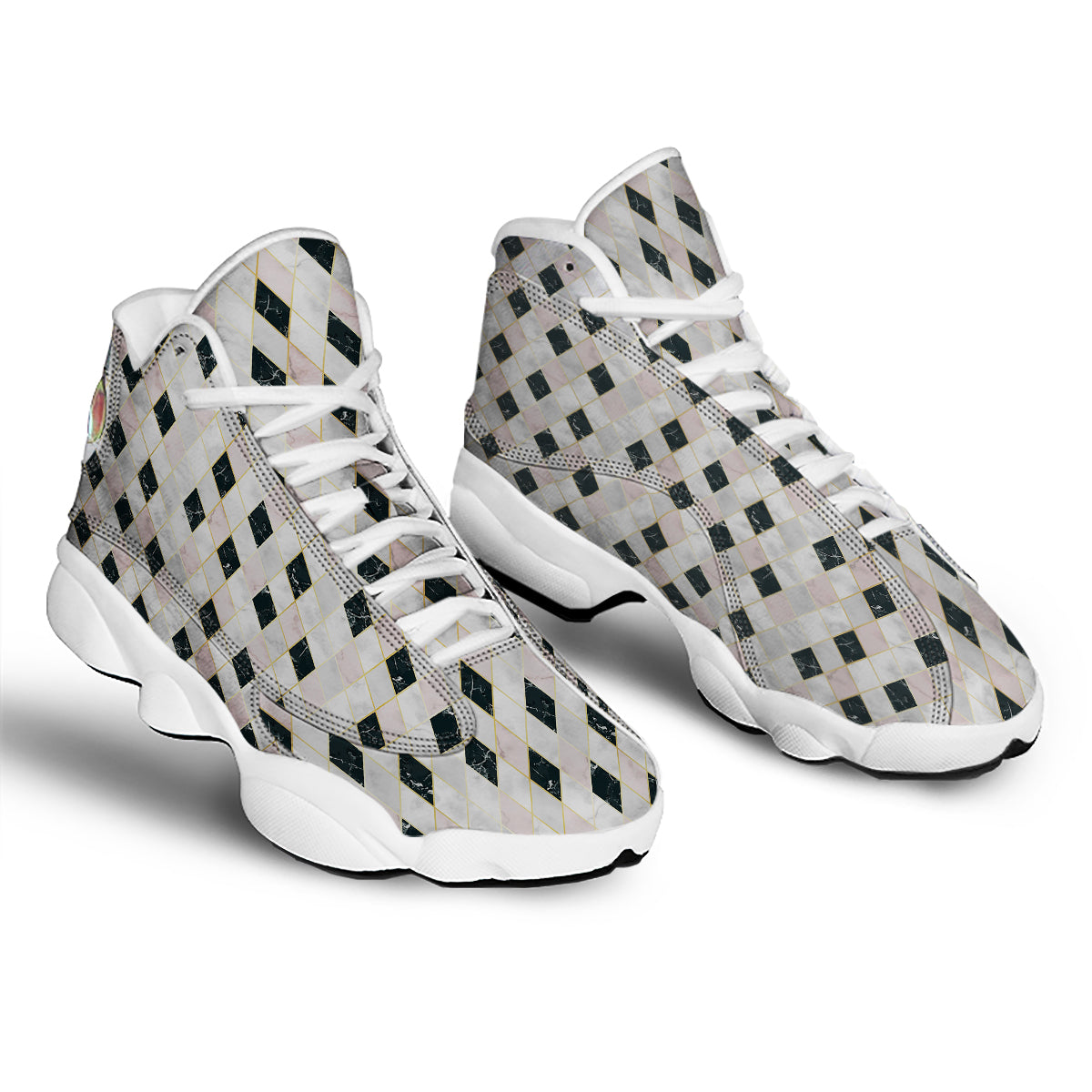 Marble Argyle White Pink And Black Print White Basketball Shoes-grizzshop