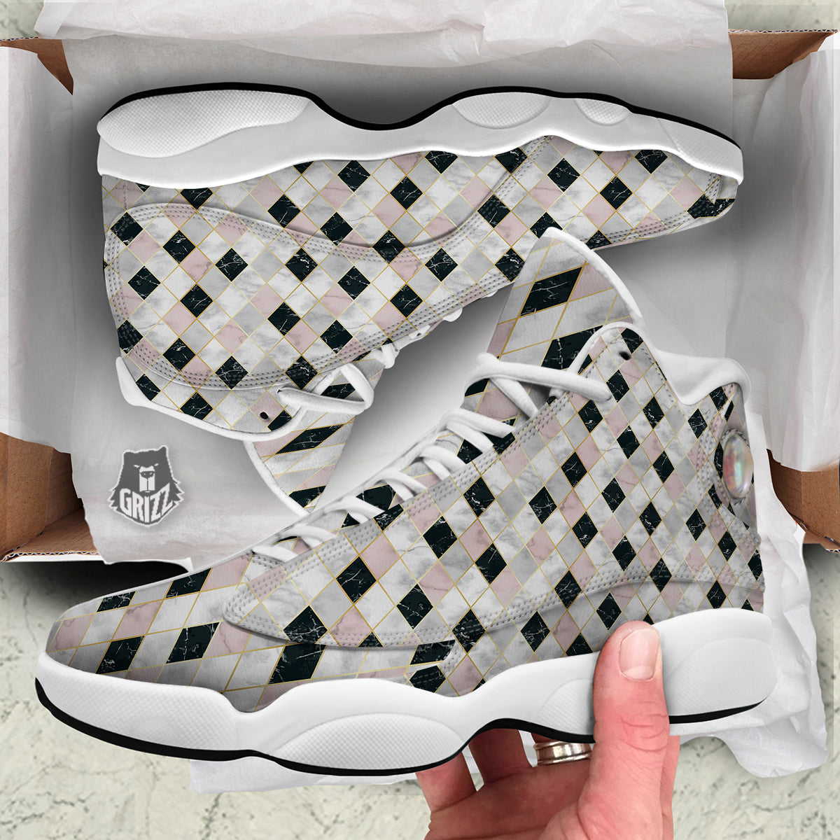 Marble Argyle White Pink And Black Print White Basketball Shoes-grizzshop