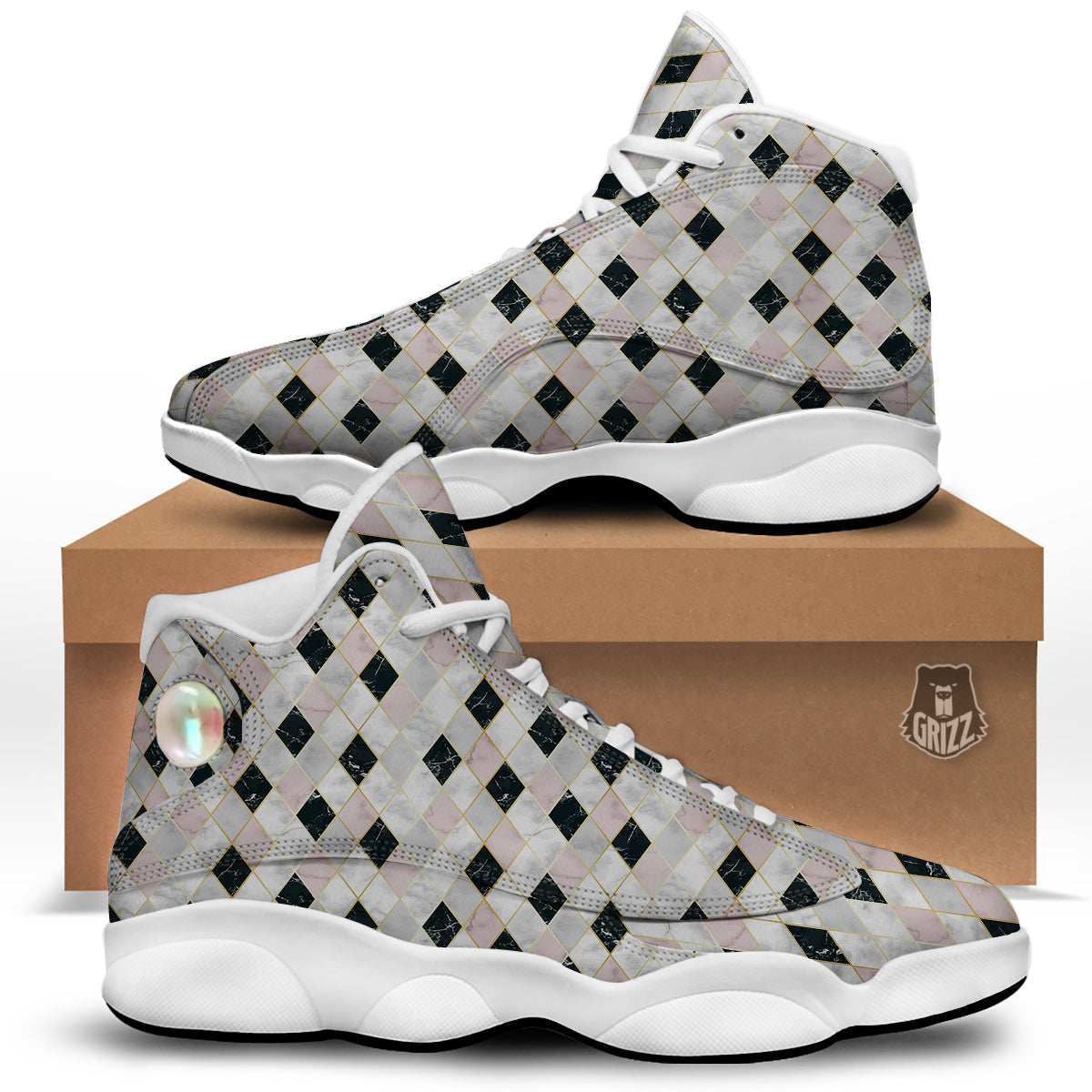 Marble Argyle White Pink And Black Print White Basketball Shoes-grizzshop