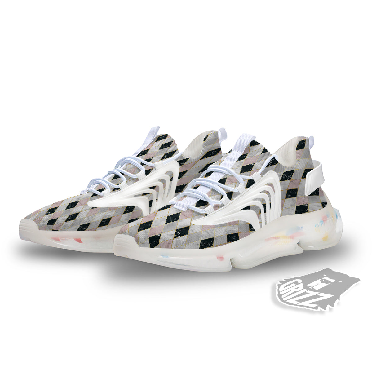 Marble Argyle White Pink And Black Print White Gym Shoes-grizzshop