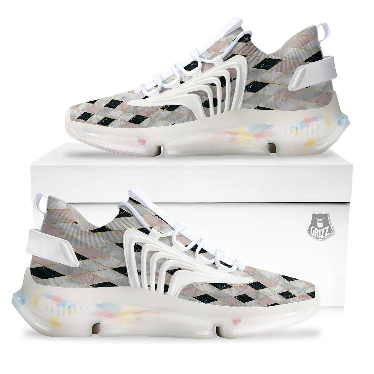 Marble Argyle White Pink And Black Print White Gym Shoes-grizzshop