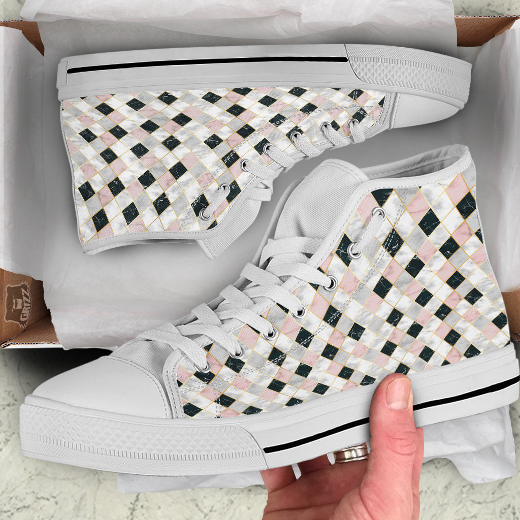 Marble Argyle White Pink And Black Print White High Top Shoes-grizzshop