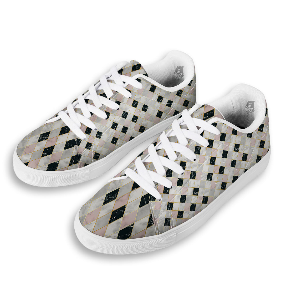 Marble Argyle White Pink And Black Print White Low Top Sneakers-grizzshop