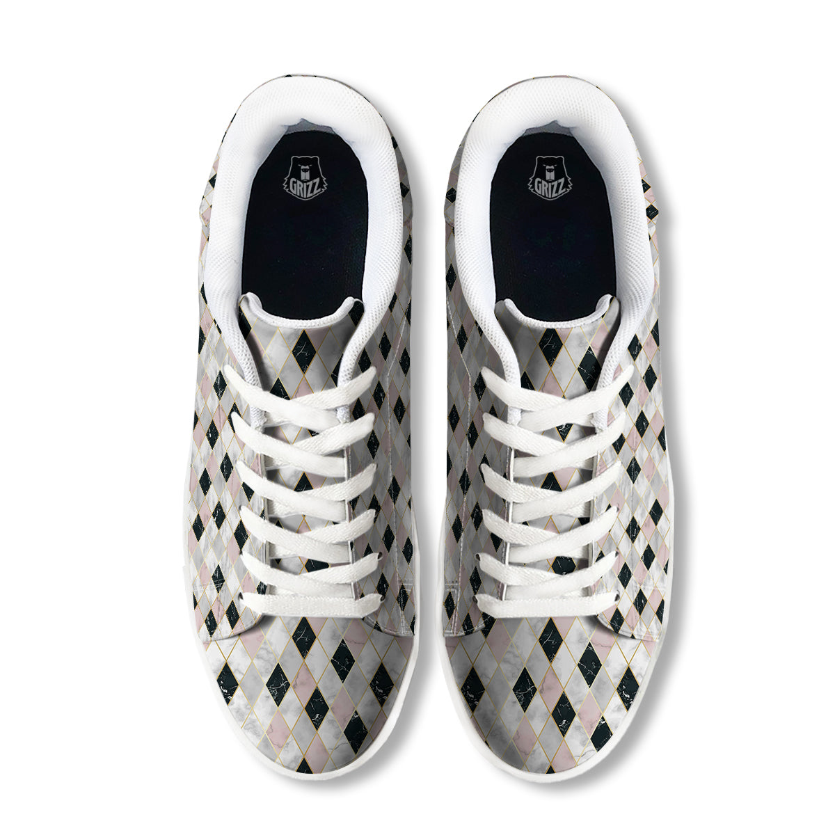 Marble Argyle White Pink And Black Print White Low Top Sneakers-grizzshop