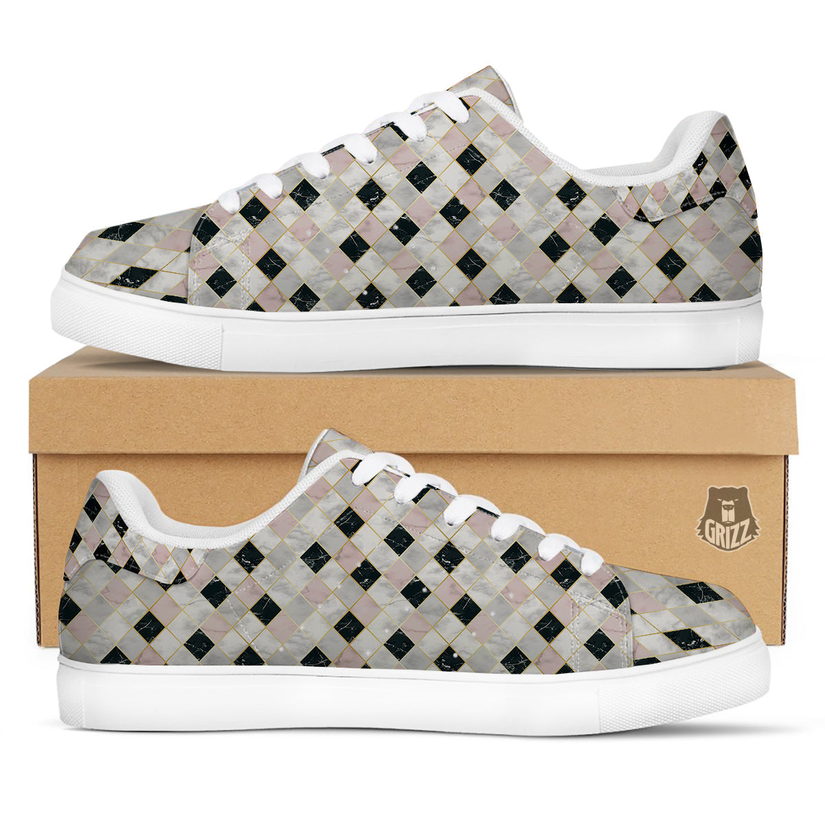 Marble Argyle White Pink And Black Print White Low Top Sneakers-grizzshop