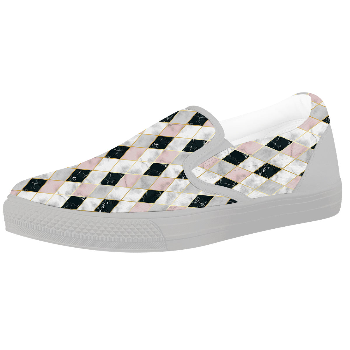Marble Argyle White Pink And Black Print White Slip On Shoes-grizzshop