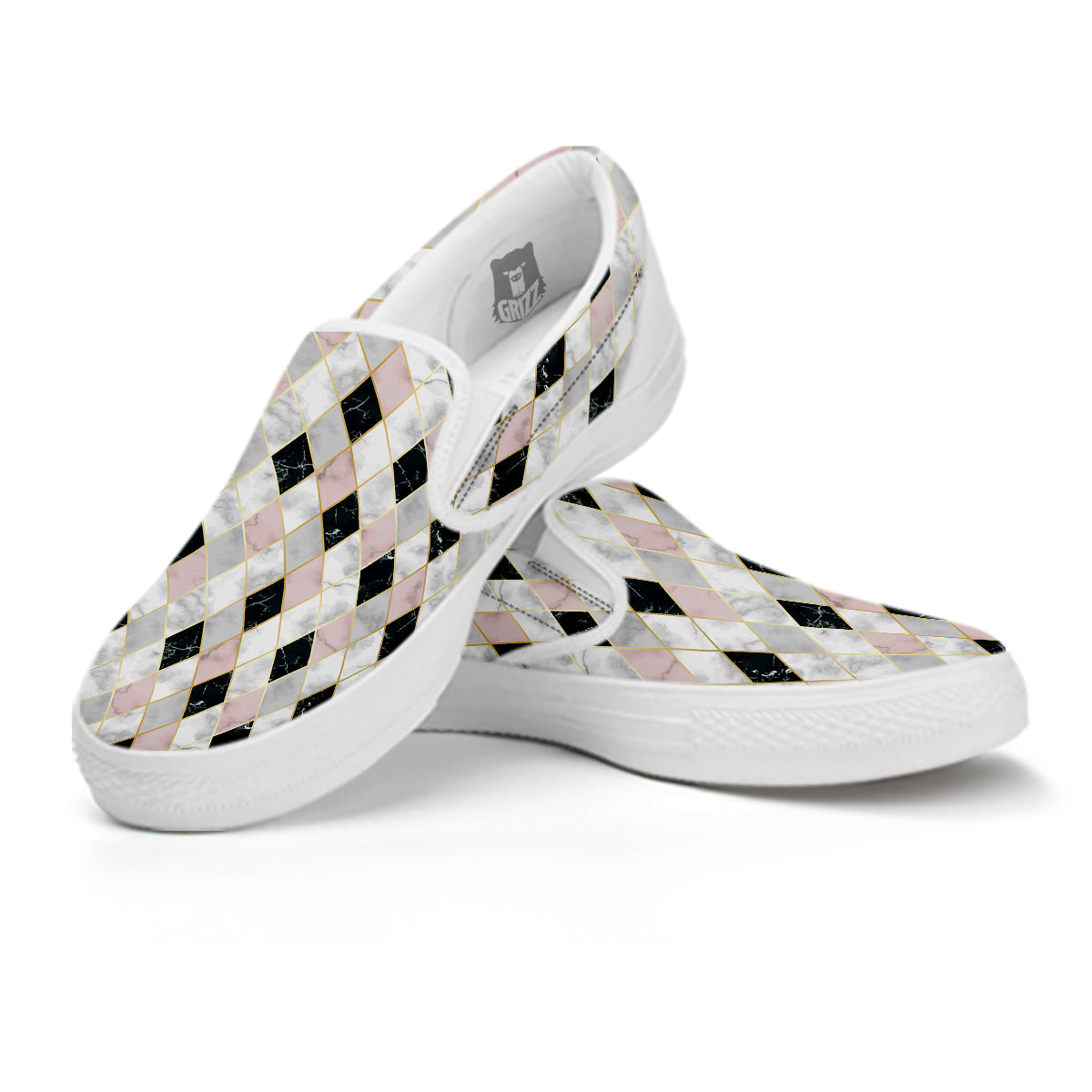 Marble Argyle White Pink And Black Print White Slip On Shoes-grizzshop