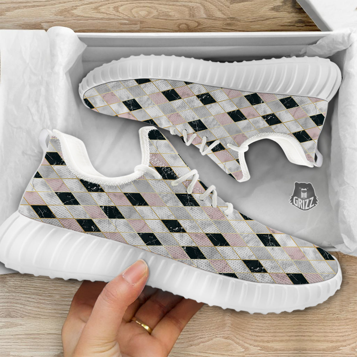 Marble Argyle White Pink And Black Print White Walking Shoes-grizzshop
