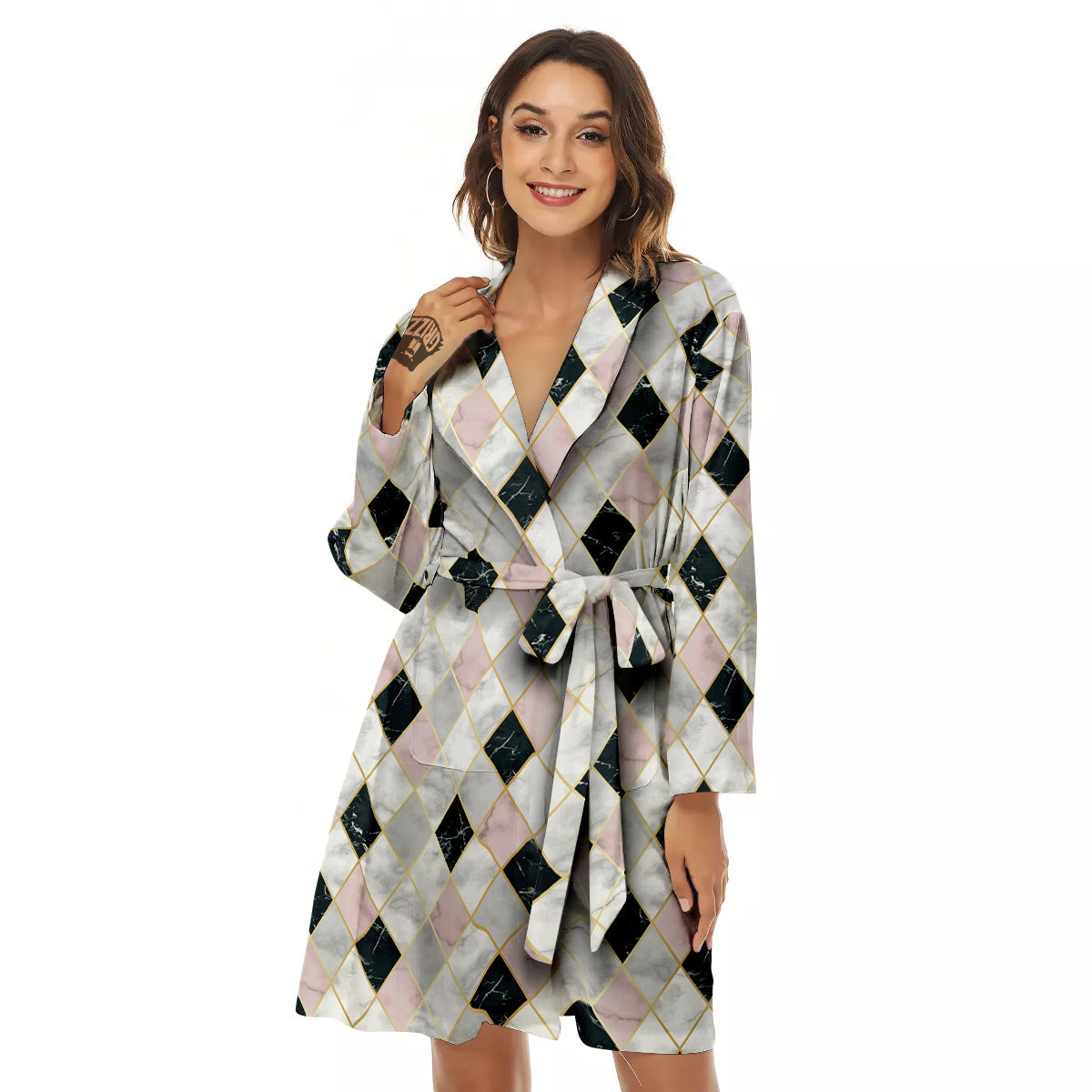 Marble Argyle White Pink And Black Print Women's Robe-grizzshop