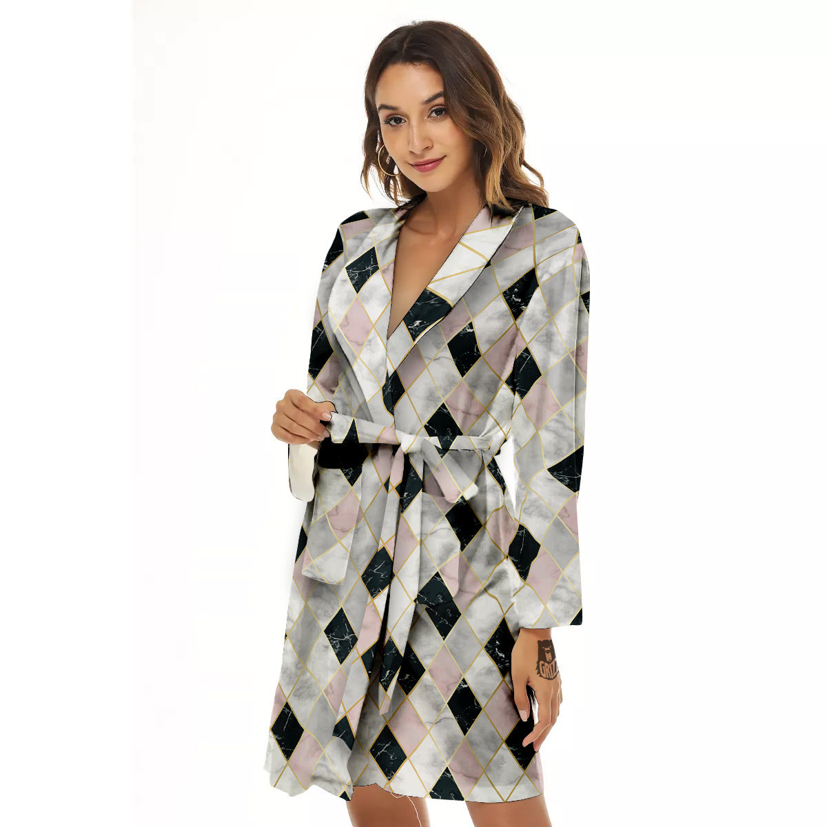 Marble Argyle White Pink And Black Print Women's Robe-grizzshop
