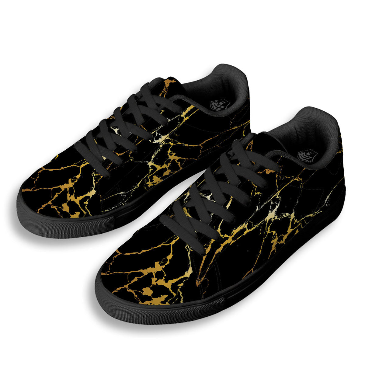 Marble Black Gold Print Black Low Top Sneakers-grizzshop