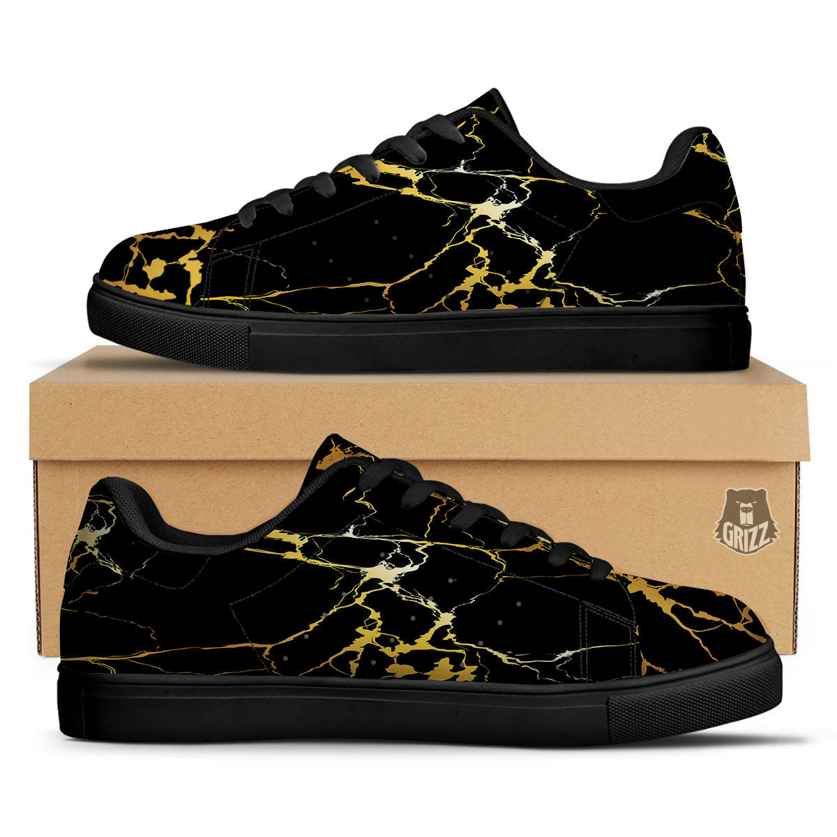 Marble Black Gold Print Black Low Top Sneakers-grizzshop
