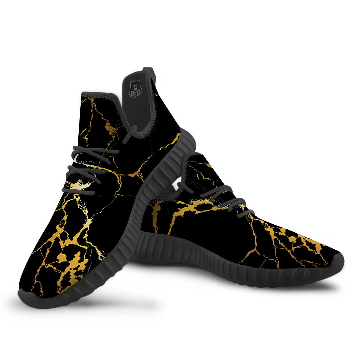 Marble Black Gold Print Black Walking Shoes-grizzshop