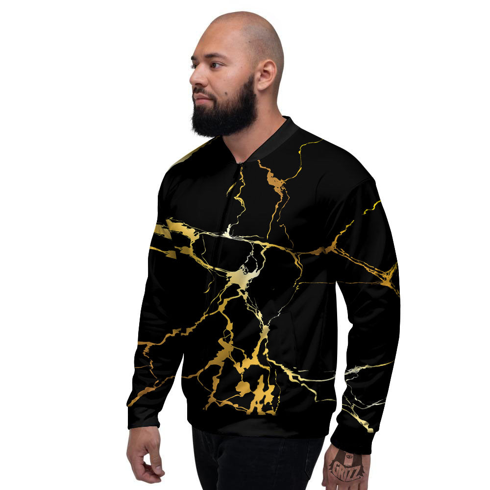 Marble Black Gold Print Men's Bomber Jacket-grizzshop