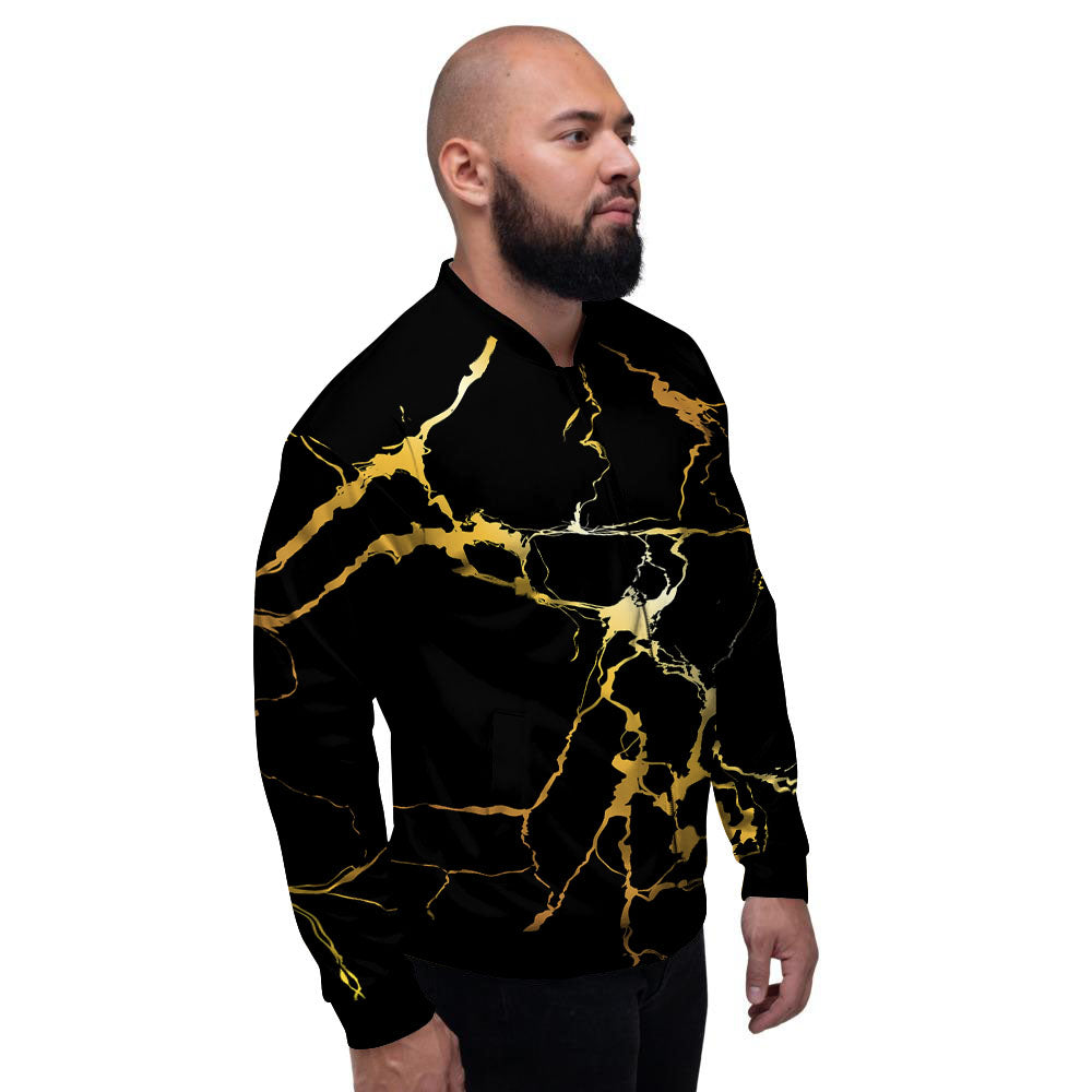 Marble Black Gold Print Men's Bomber Jacket-grizzshop