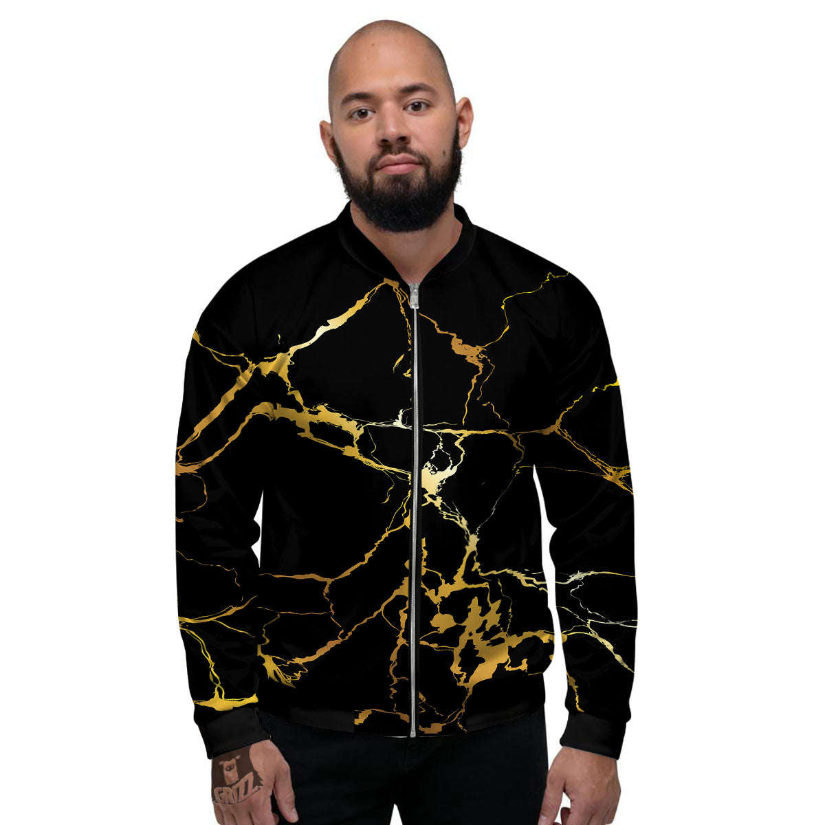 Marble Black Gold Print Men's Bomber Jacket-grizzshop