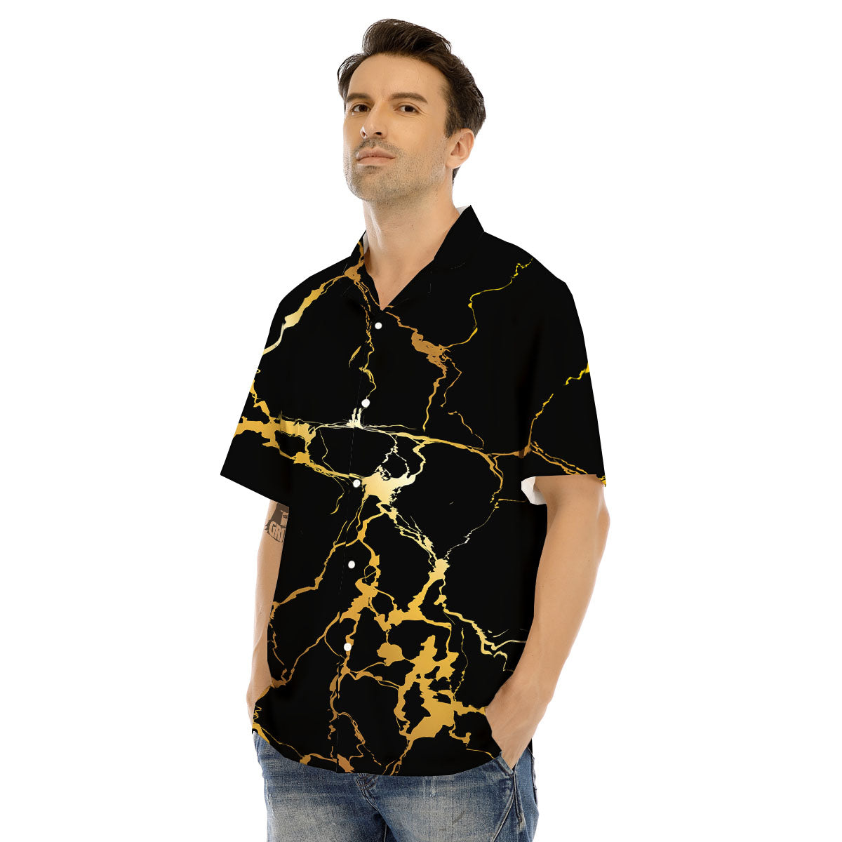 Marble Black Gold Print Men's Hawaiian Shirt-grizzshop
