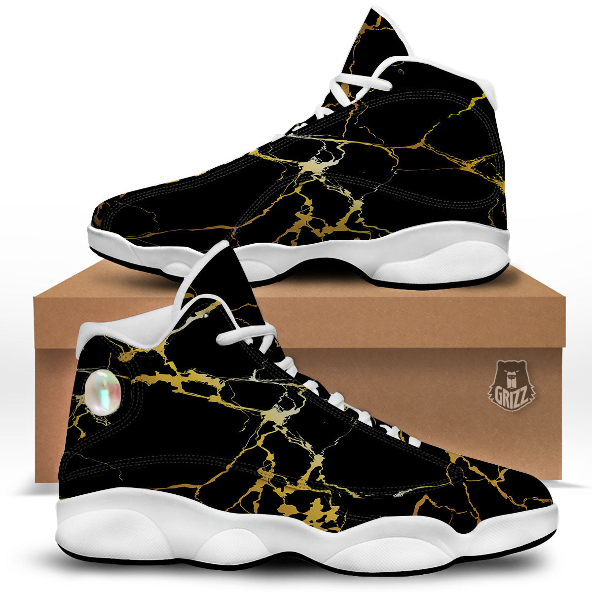 Marble Black Gold Print White Basketball Shoes-grizzshop