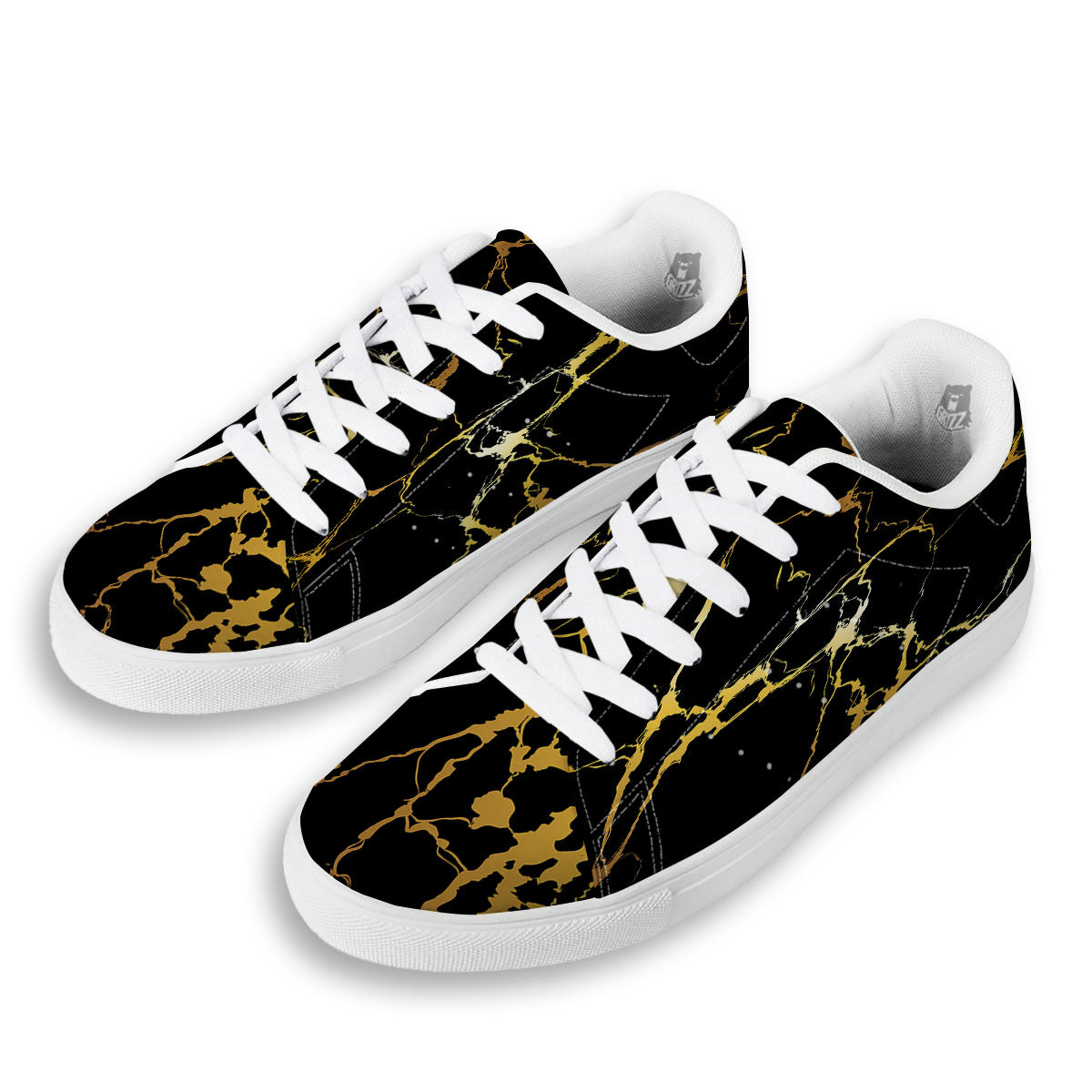 Marble Black Gold Print White Low Top Sneakers-grizzshop
