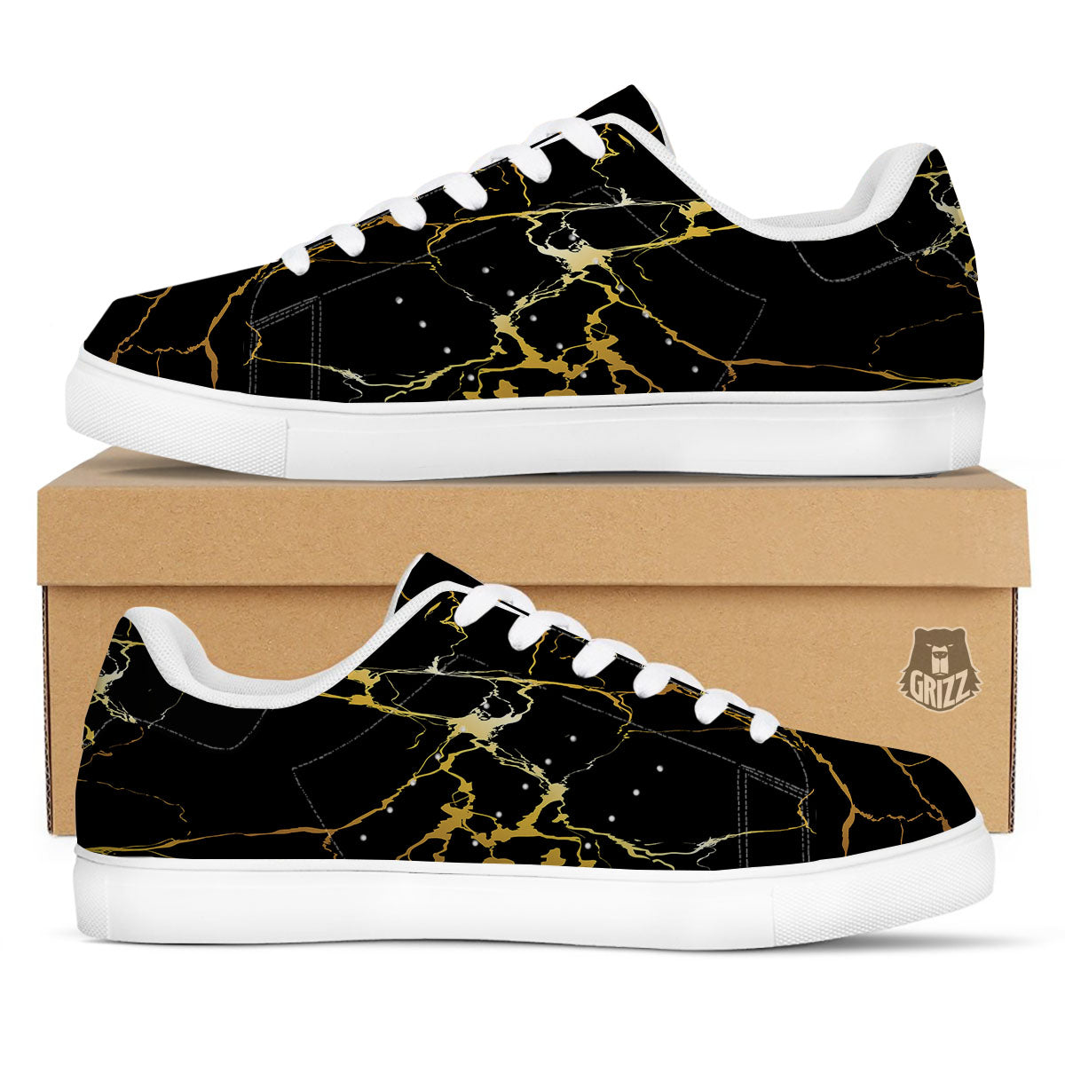 Marble Black Gold Print White Low Top Sneakers-grizzshop