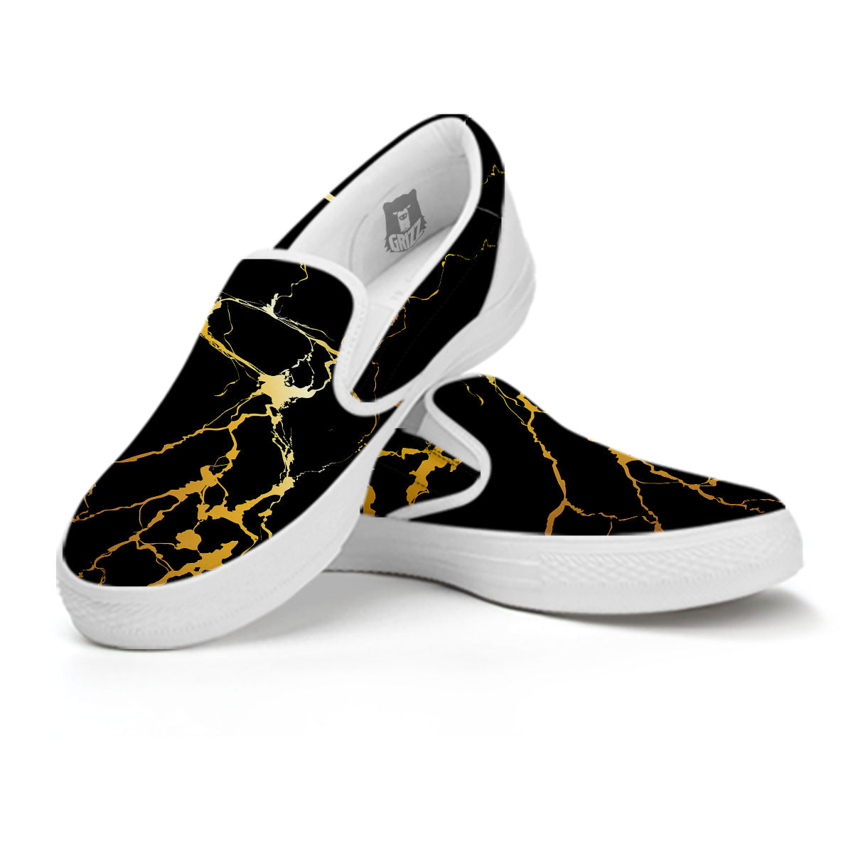 Marble Black Gold Print White Slip On Shoes-grizzshop