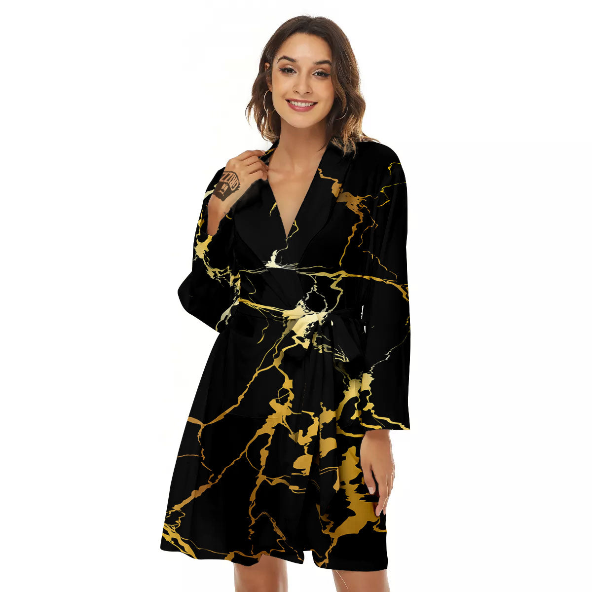 Marble Black Gold Print Women's Robe-grizzshop