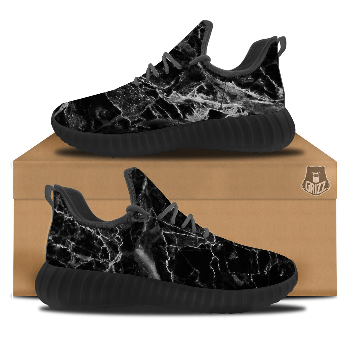 Marble Black Grey Print Black Walking Shoes-grizzshop