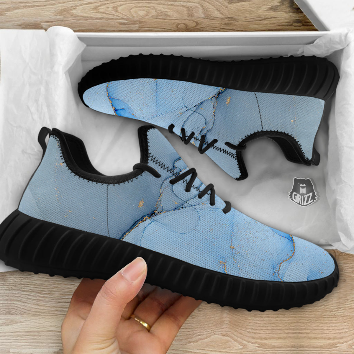 Marble Blue Print Black Walking Shoes-grizzshop