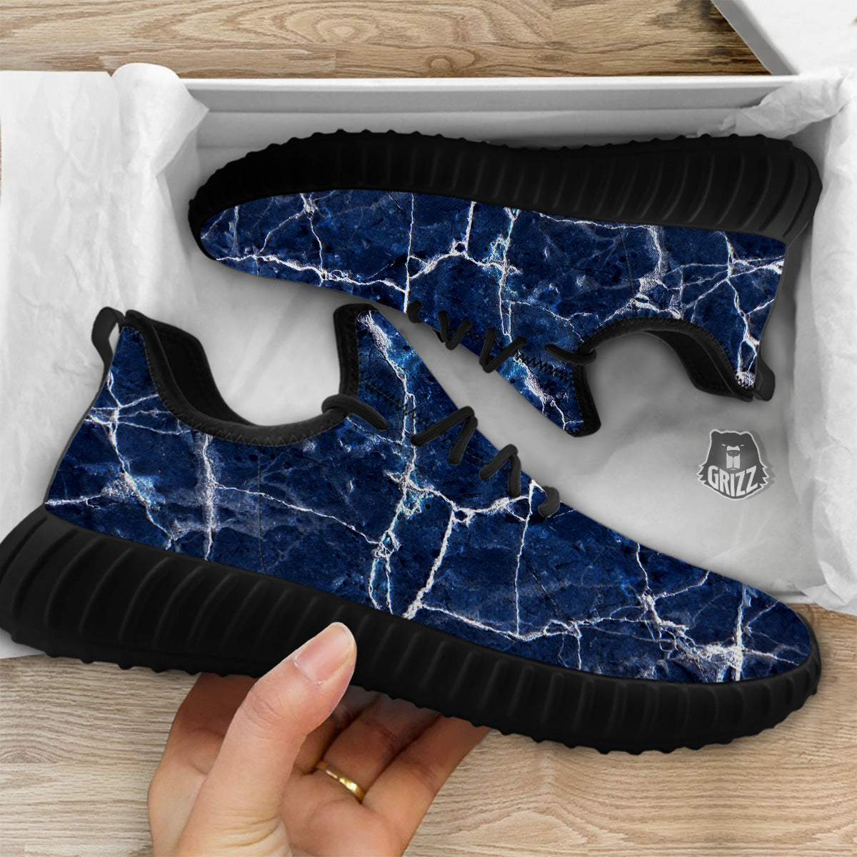 Marble Blue White Print Black Walking Shoes-grizzshop