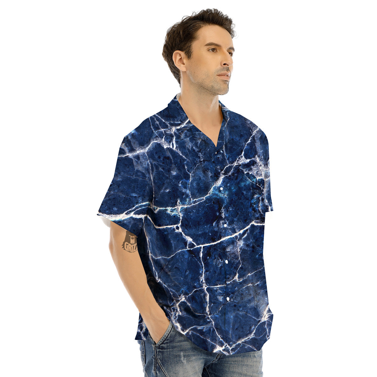 Marble Blue White Print Men's Hawaiian Shirt-grizzshop