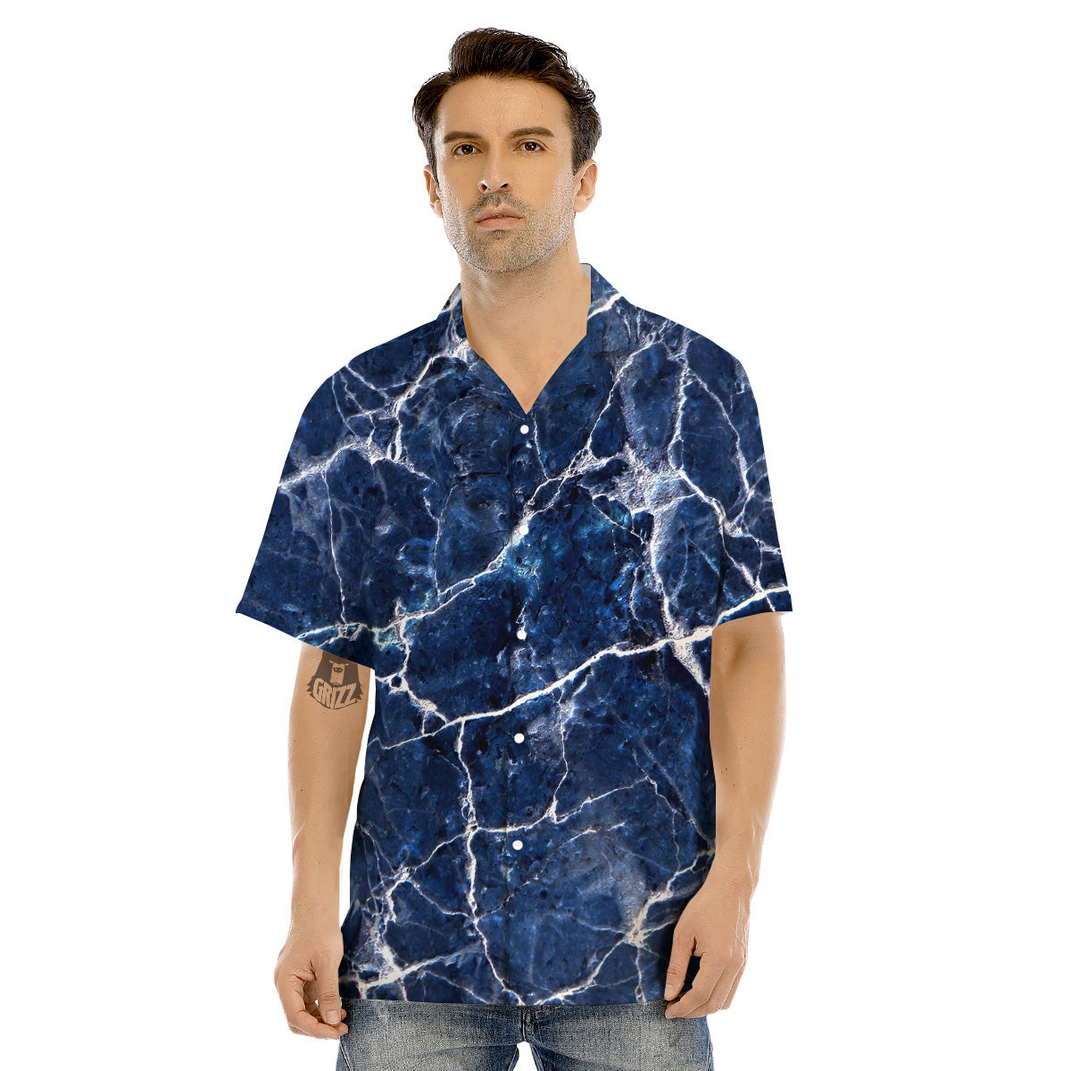 Marble Blue White Print Men's Hawaiian Shirt-grizzshop