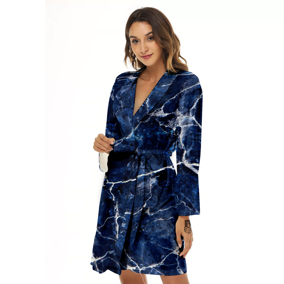 Marble Blue White Print Women's Robe-grizzshop