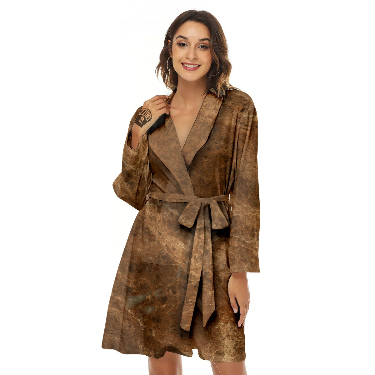 Marble Brown Beige Print Women's Robe-grizzshop