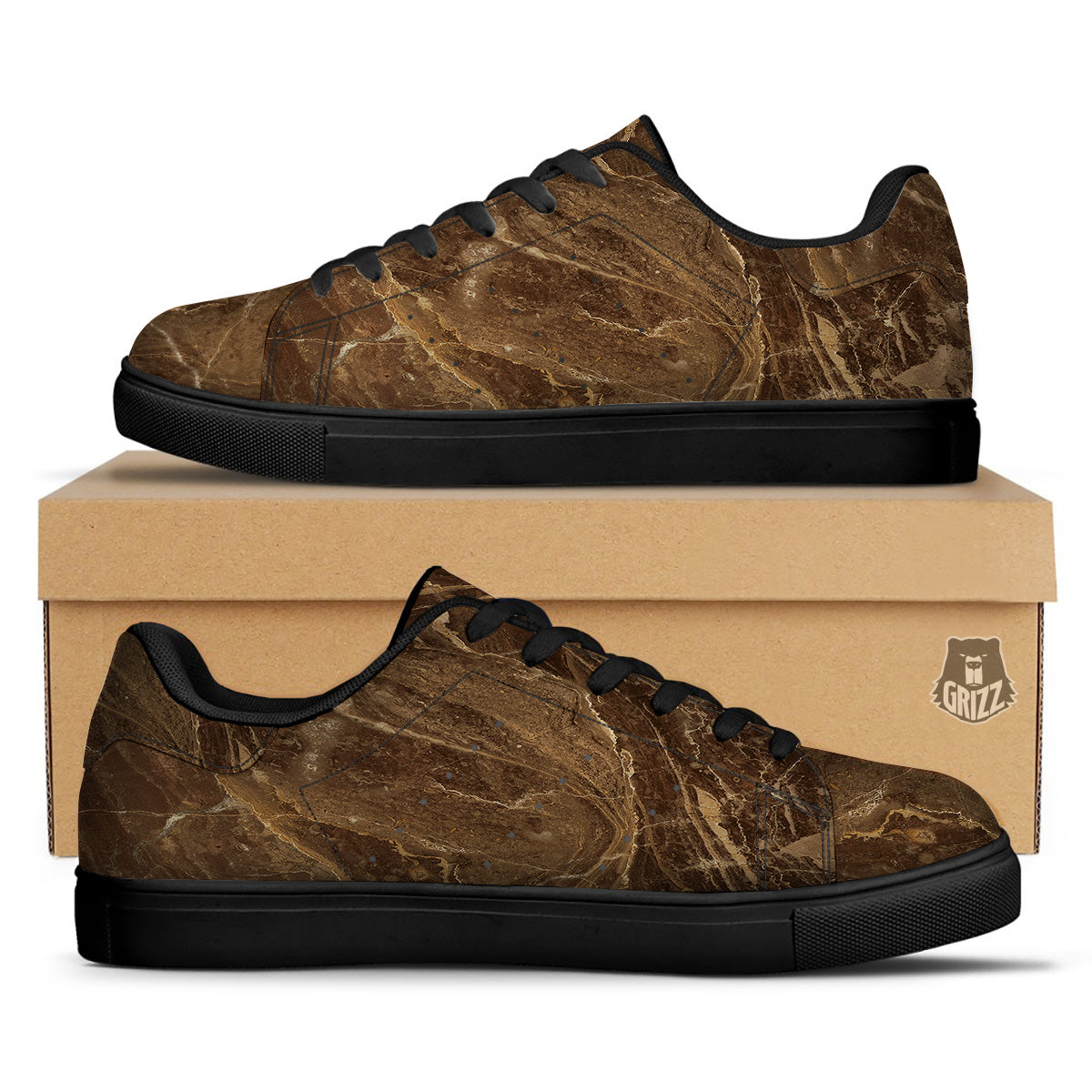 Marble Brown Print Black Low Top Sneakers-grizzshop