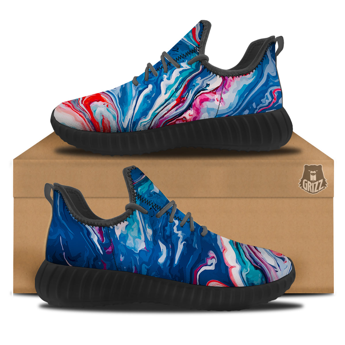 Marble Cartoon Texture Red Blue Print Black Walking Shoes-grizzshop