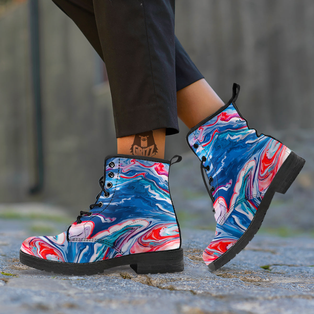 Marble Cartoon Texture Red Blue Print Leather Boots-grizzshop
