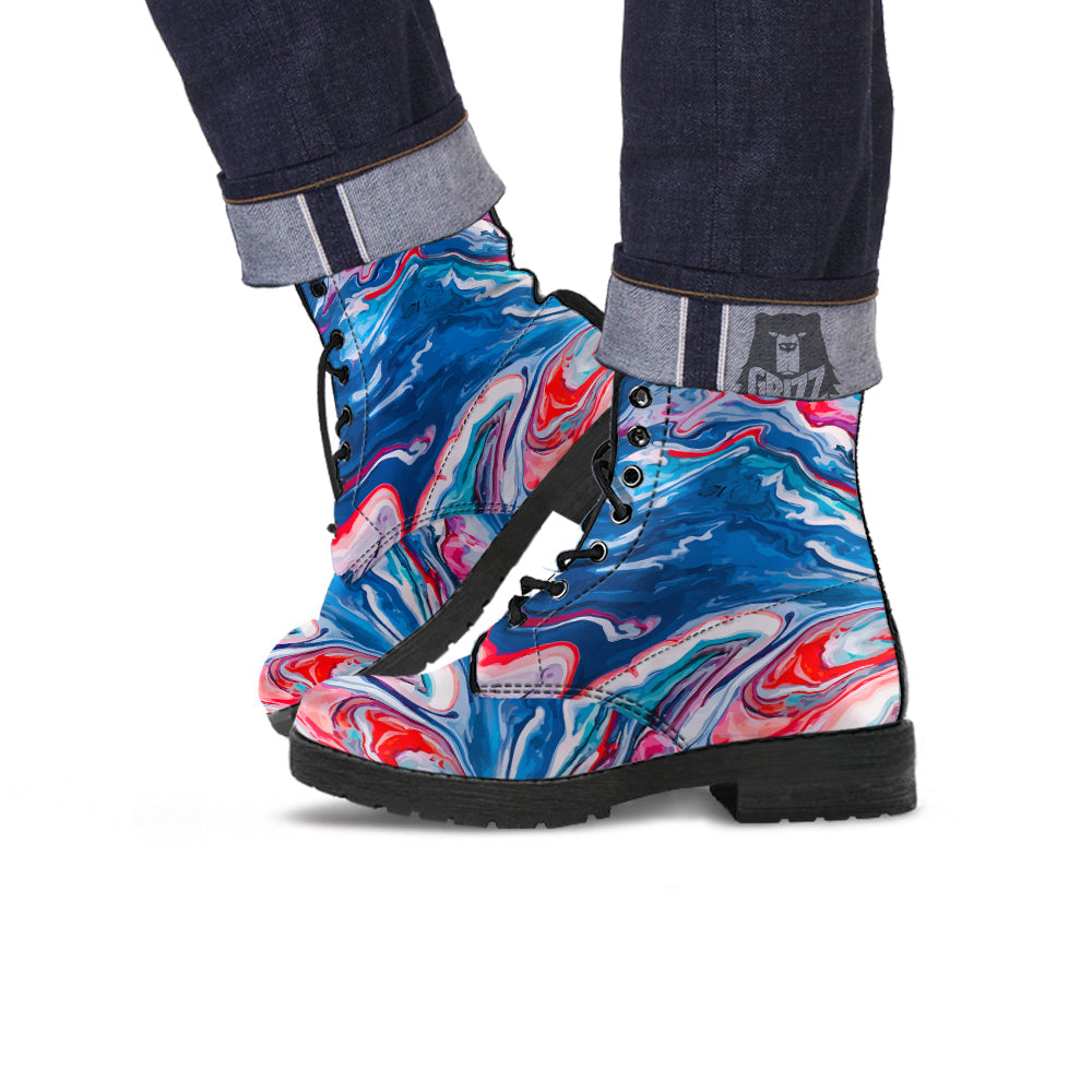 Marble Cartoon Texture Red Blue Print Leather Boots-grizzshop