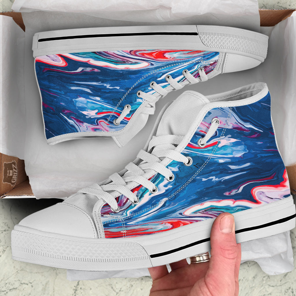 Marble Cartoon Texture Red Blue Print White High Top Shoes-grizzshop
