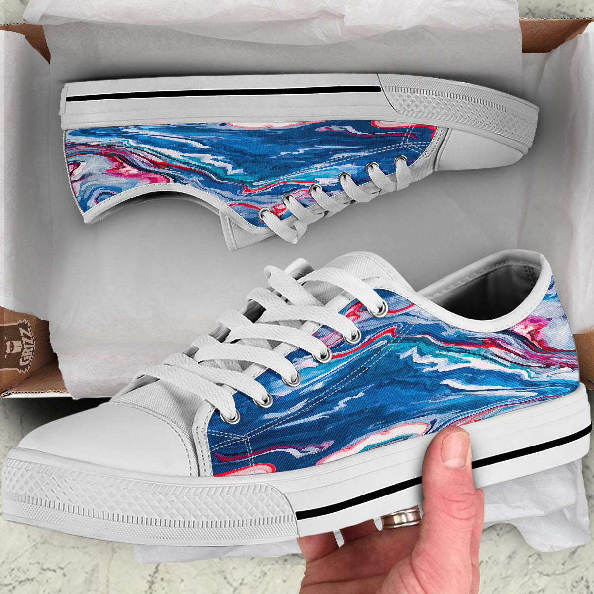 Marble Cartoon Texture Red Blue Print White Low Top Shoes-grizzshop
