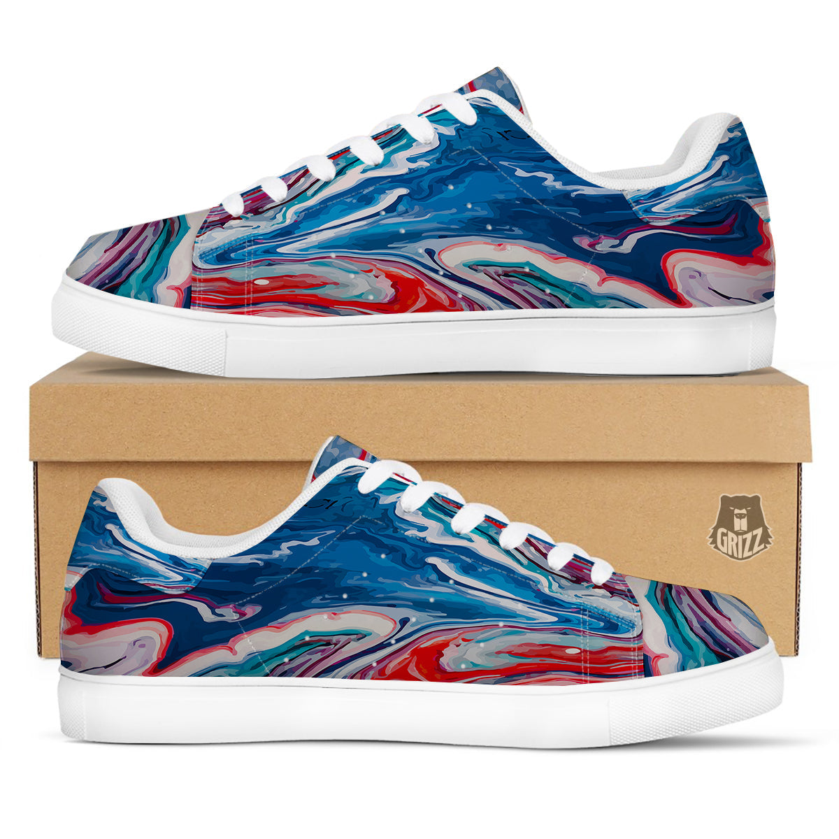 Marble Cartoon Texture Red Blue Print White Low Top Sneakers-grizzshop