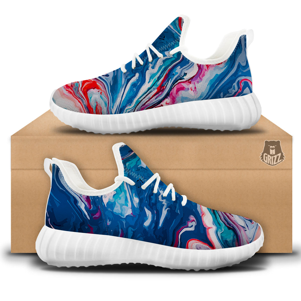 Marble Cartoon Texture Red Blue Print White Walking Shoes-grizzshop