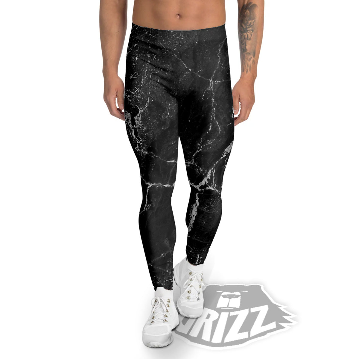 Marble Dark Black Grey Print Men's Leggings-grizzshop