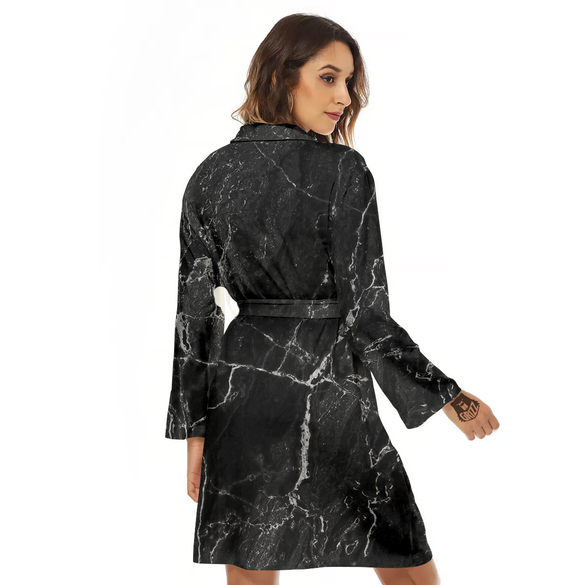 Marble Dark Black Grey Print Women's Robe-grizzshop